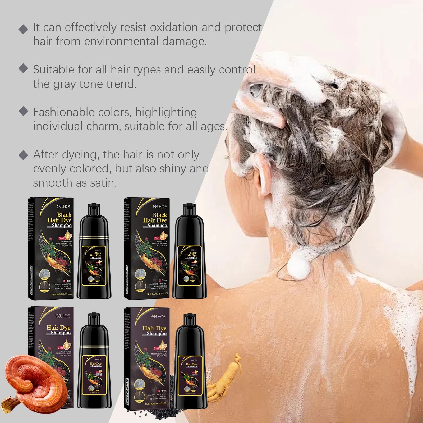 ginseng hair dye shampoo for gray hair coverage and shine
