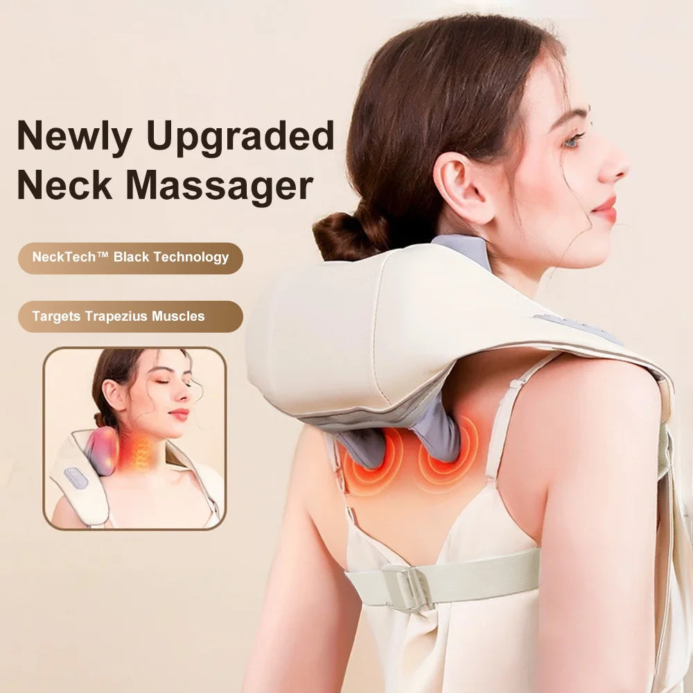 Wireless Neck Shoulder Massager with Heat 3D Kneading Shiatsu for Cervical Spine Hot Compress Vibration Portable for Home/Car