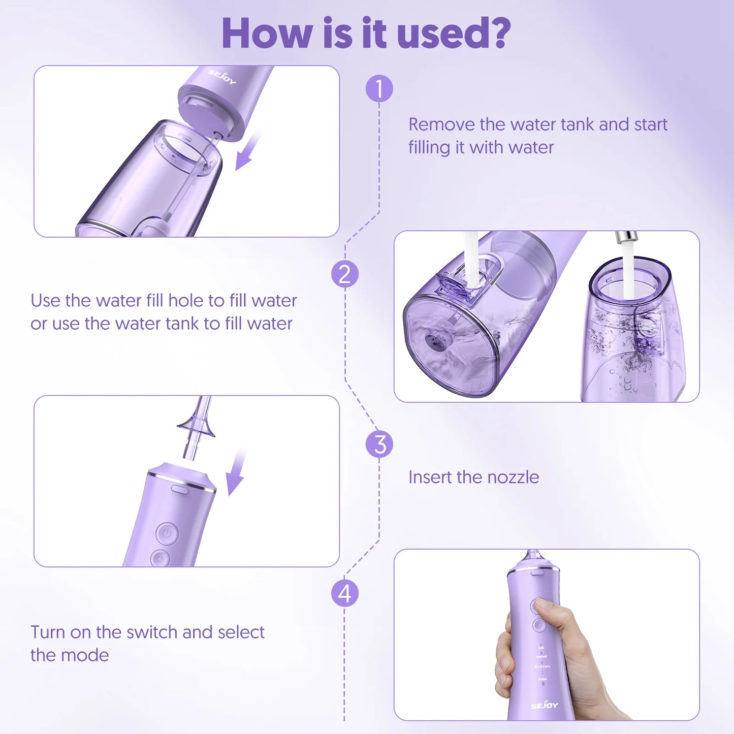 SEJOY Water Flosser Irrigator Dental Teeth Whitening strips Portable 230ML Tank 5 Modes 8 Jet Tips Washing Machine for Home