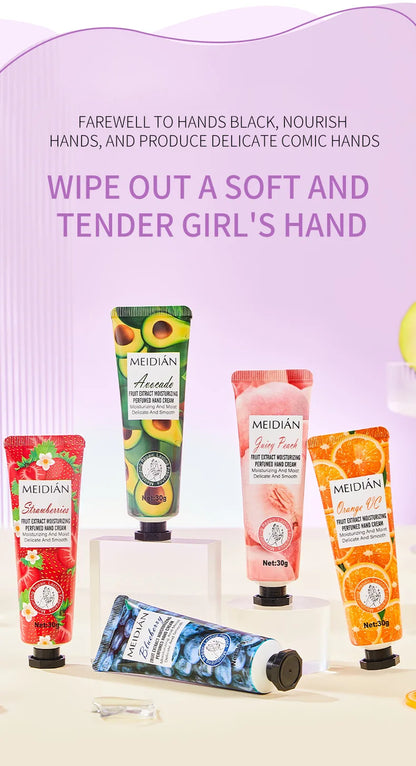 Five piece fruit scented hand cream for moisturizing and long-lasting fragrance retention. Hand care mask cream