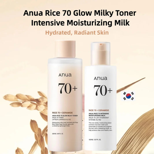 anua rice toner and milk lotion set for hydration and glow
