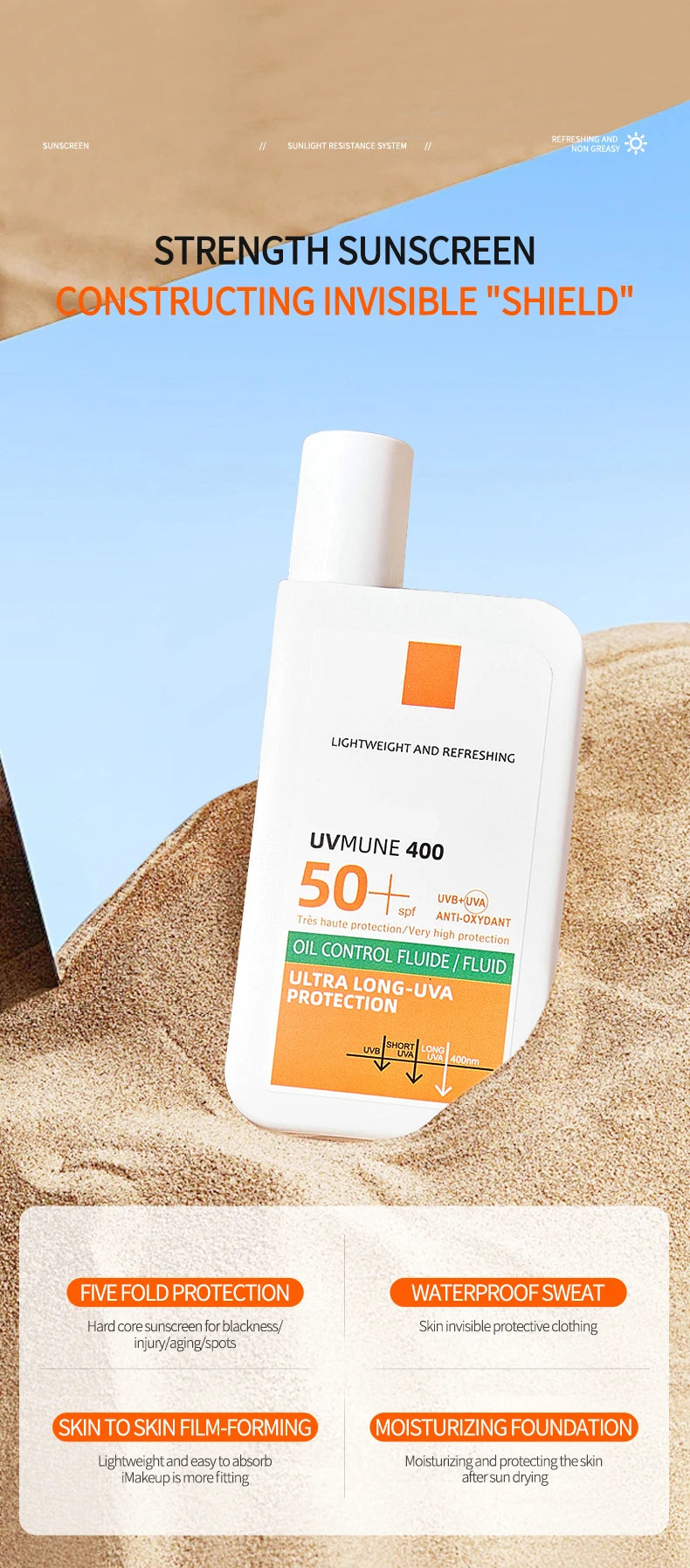 Original SPF50+ Sunscreen Lotion Cream Lasting Moisturizing Refreshing Light and Non Greasy To Prevent Facial and Body Sunburn