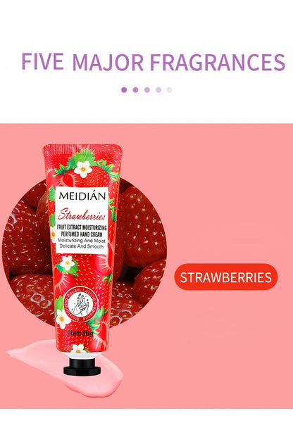 Five piece fruit scented hand cream for moisturizing and long-lasting fragrance retention. Hand care mask cream