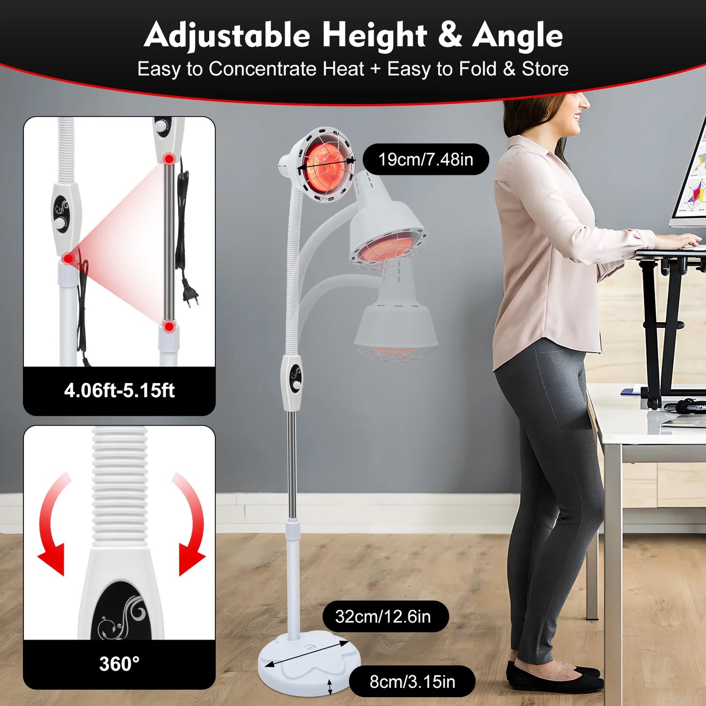 275W Adjustable Infrared Heat Lamp for Muscle&Joint Pain Relief, 360° Rotatable Infrared Therapeutic Light, 0-115℃ Temp Control