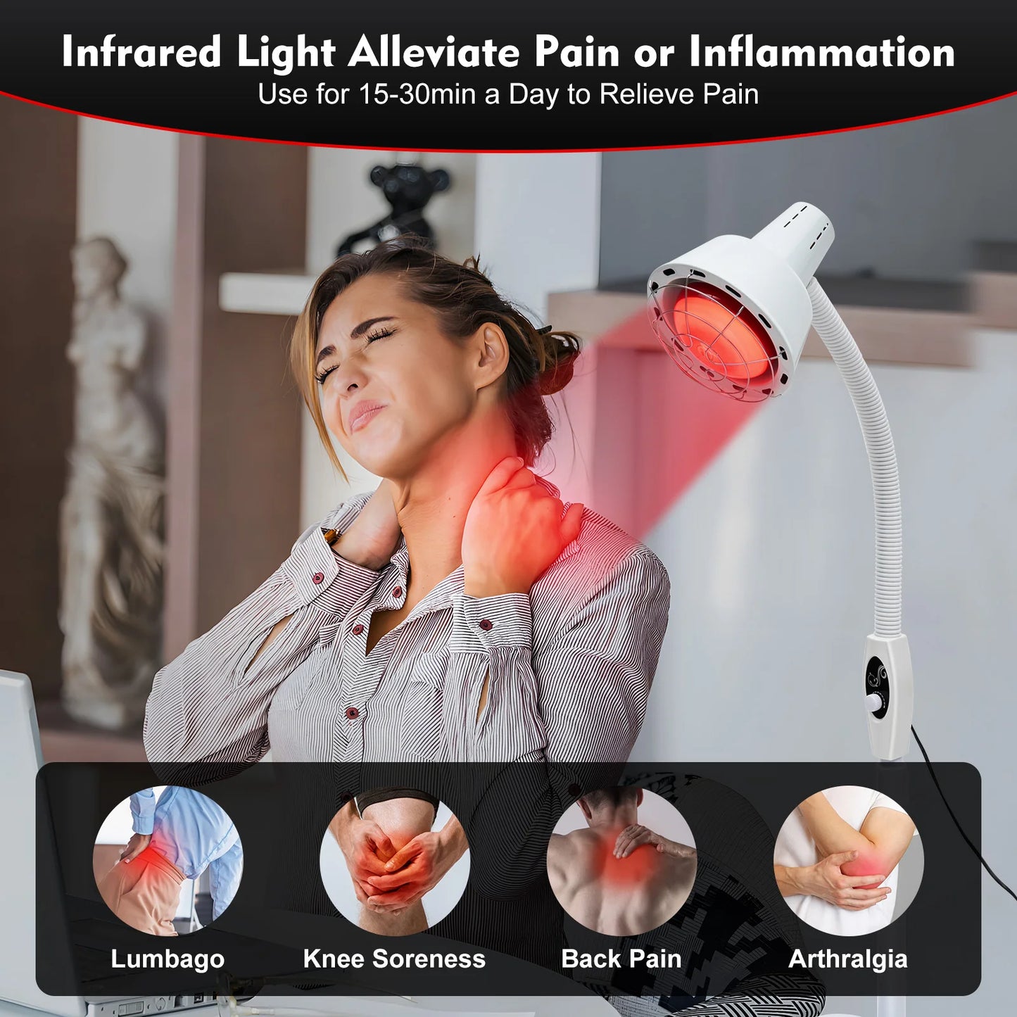 275W Adjustable Infrared Heat Lamp for Muscle&Joint Pain Relief, 360° Rotatable Infrared Therapeutic Light, 0-115℃ Temp Control
