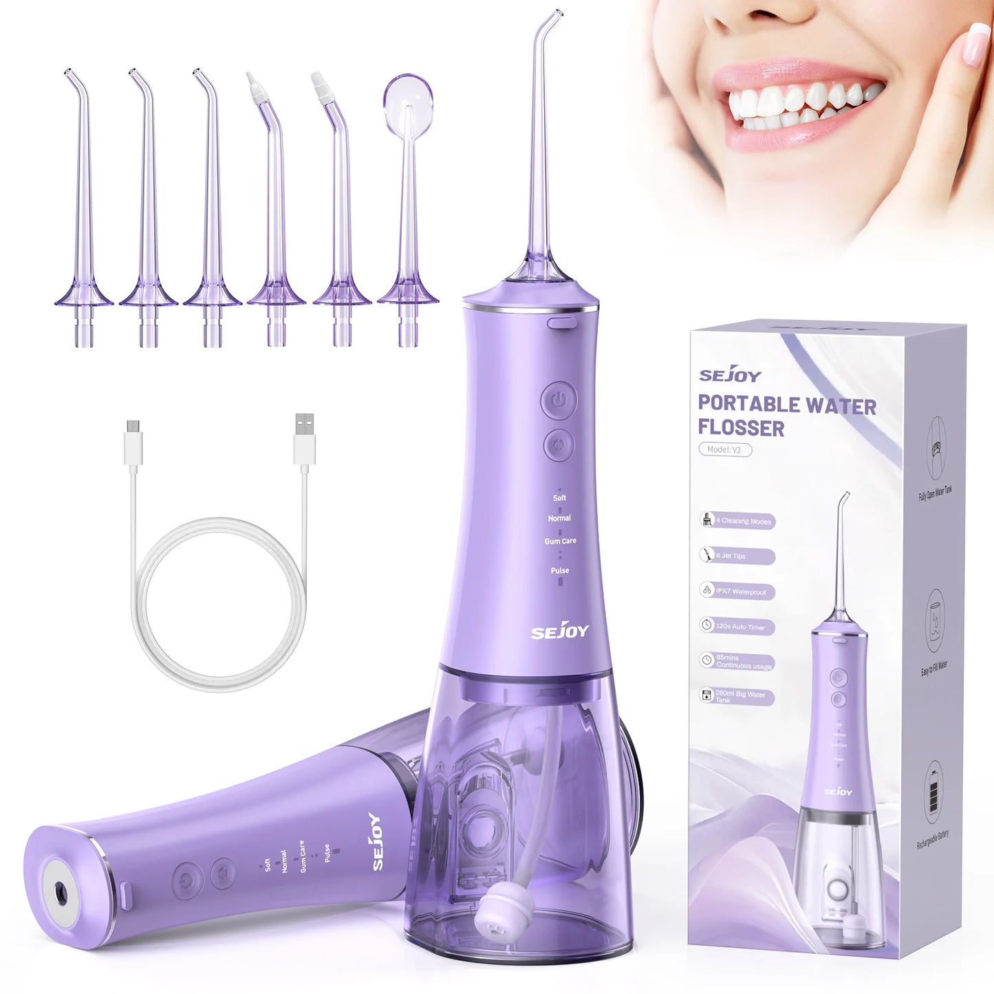 SEJOY Water Flosser Irrigator Dental Teeth Whitening strips Portable 230ML Tank 5 Modes 8 Jet Tips Washing Machine for Home