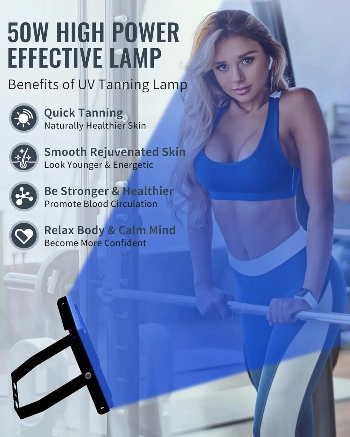 50W Tanning Lamp 460+480nm Blue Light for Home Tanning Solarium LED Solarium Tanning Machine for Face and Body 5Brightness Level