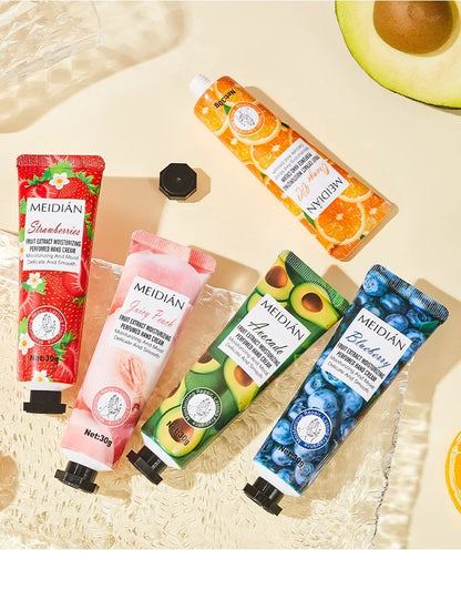 Five piece fruit scented hand cream for moisturizing and long-lasting fragrance retention. Hand care mask cream