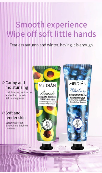 Five piece fruit scented hand cream for moisturizing and long-lasting fragrance retention. Hand care mask cream